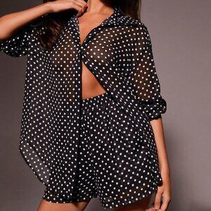Black & White Sexy Women's polka dot button down top and shorts Two Pieces set